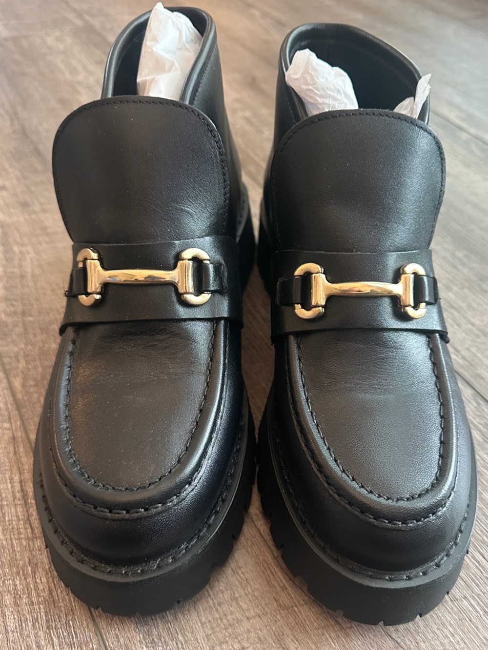 Steve Madden Black Leather Ankle Loafers with Gold Hardware